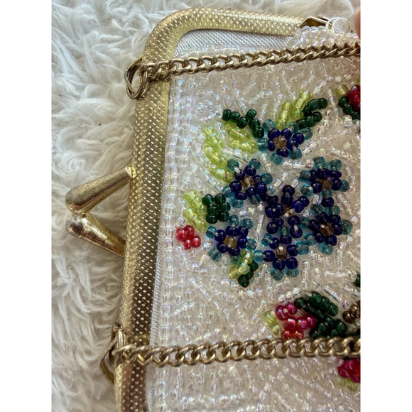 Vintage Floral Hand Beaded Fringe Chain Strap Tiny Seed Evening Purse Flapper - Picture 16 of 16
